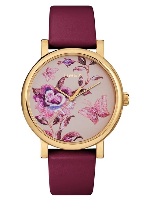 Timex Womens Full Bloom 38mm Gold-tone Case Pink Floral Dial Burgundy Leather Strap